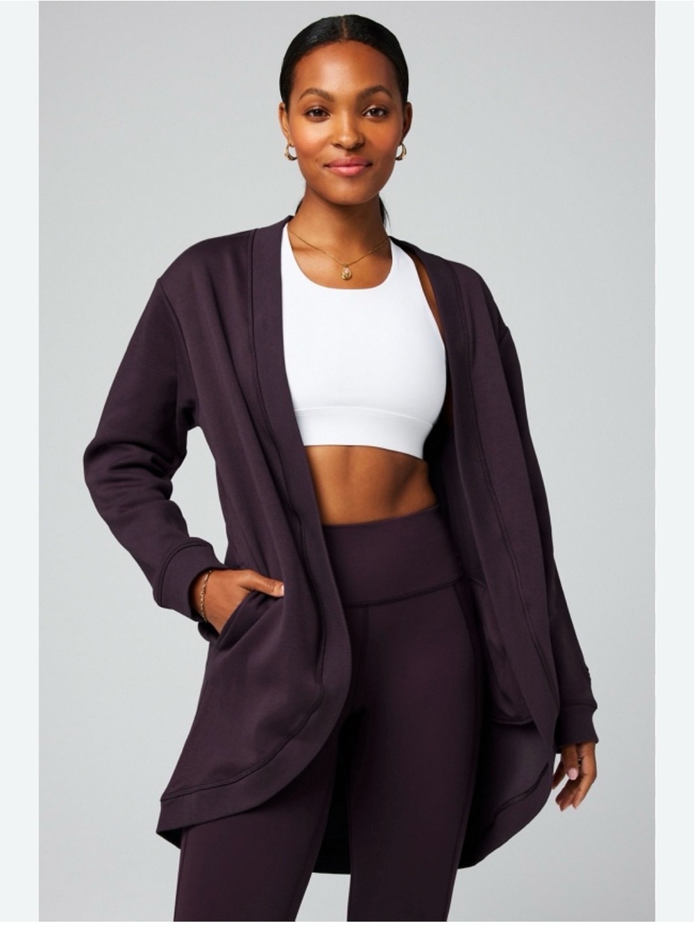 Fabletics Cozy Fleece Cardigan Deep Plum Open-Front Purple Sweater Cozy pocket